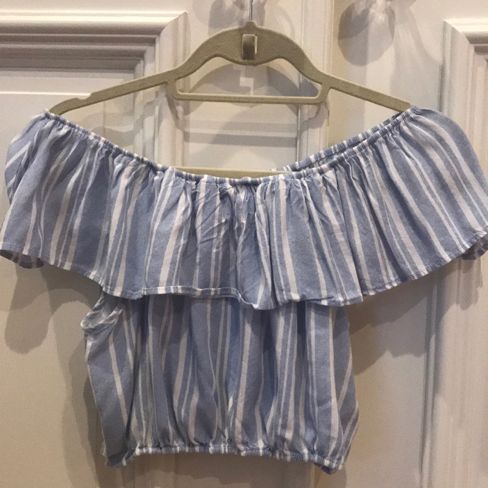 Off the shoulder blue and white top